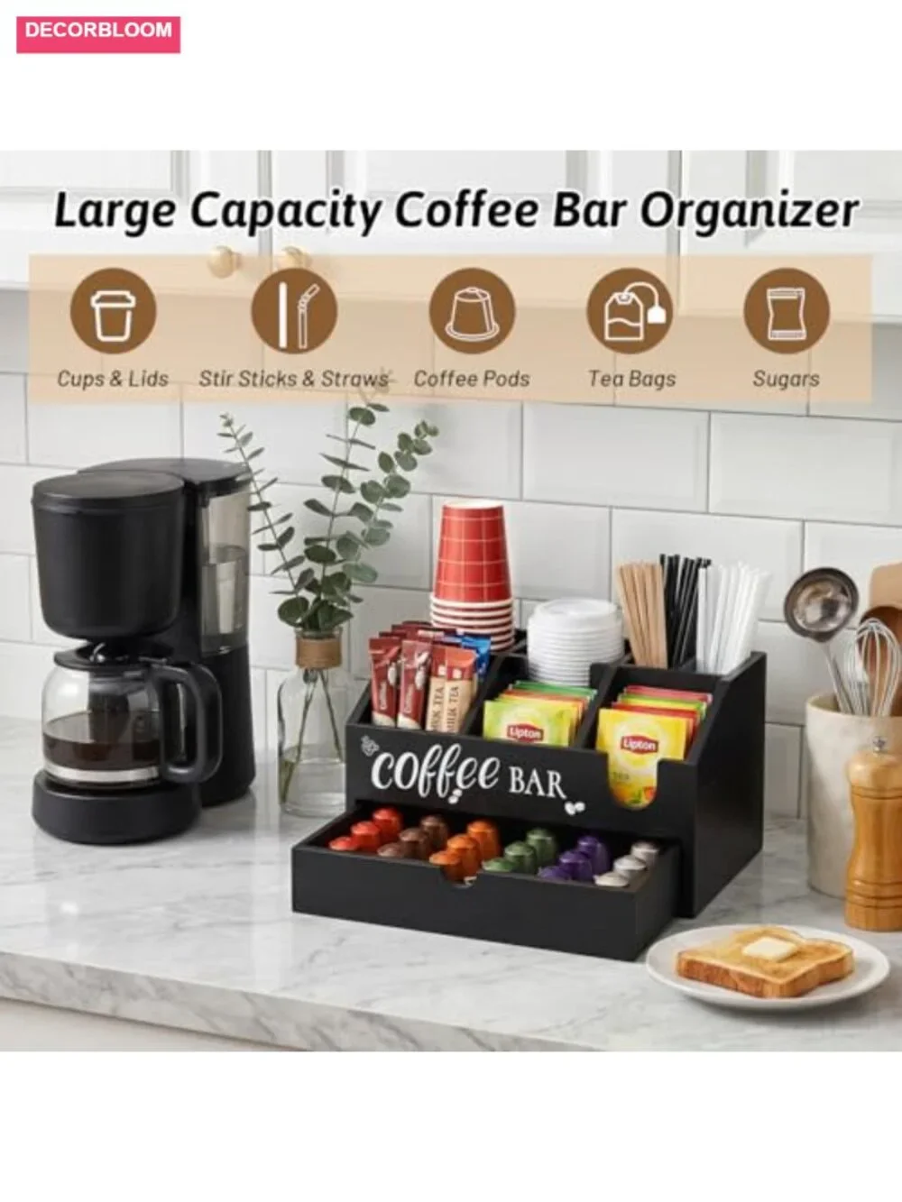 Wooden Coffee Station Organizer with Drawer and 7 Compartments, Rustic Coffee